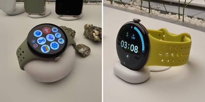 Two Google Pixel Watch 5 smartwatches displayed side by side to show different available styles and sizes.