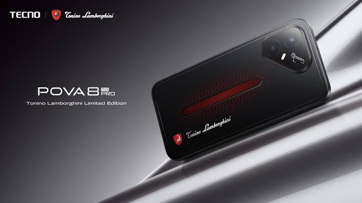 TECNO POVA 8 Pro 5G Tonino Lamborghini Edition showing the rear panel design with the red and black shifting finish.
