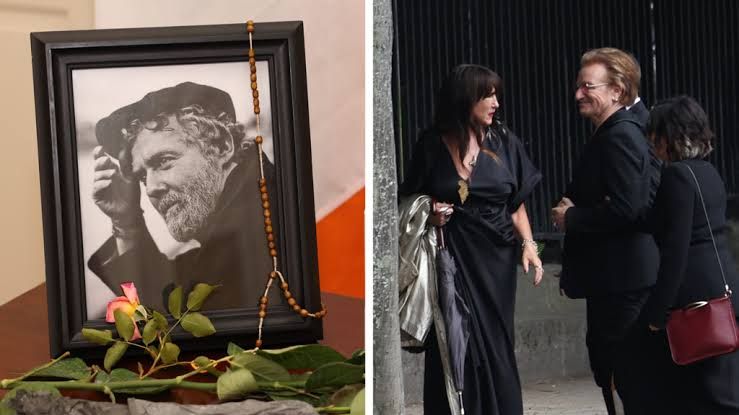 Maire Saaritsa speaks into a microphone during the funeral service for Glen Hansard in Dublin.