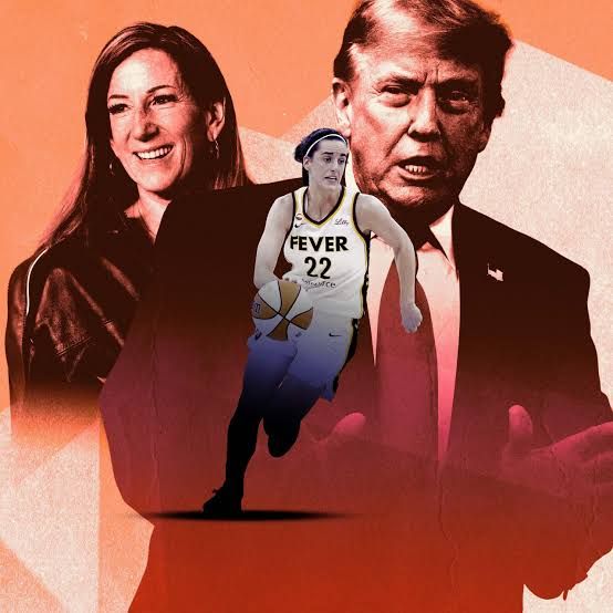 A collage showing Caitlin Clark playing on court next to US government imagery, representing the WNBA culture war debate.