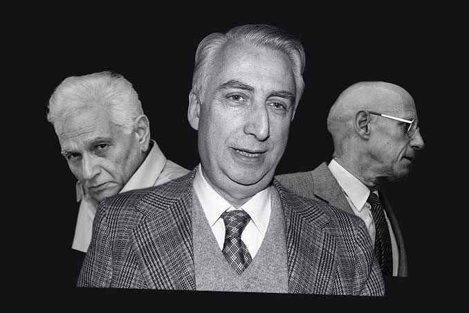 Black-and-white montage of Jacques Derrida, Roland Barthes, and Michel Foucault representing the height of French theory.
