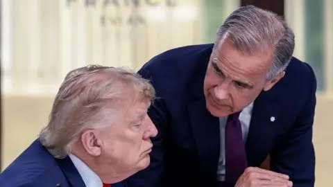 President Donald Trump and Prime Minister Mark Carney speaking at a work lunch during the G7 summit in France.