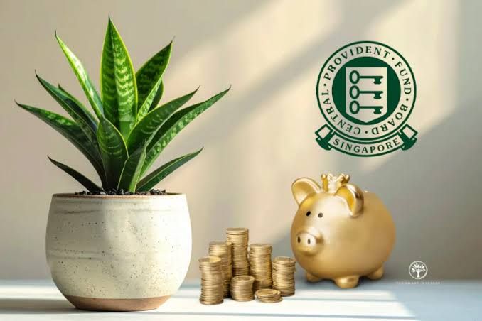 A conceptual depiction of CPF savings symbols next to growing plant icons, representing financial growth.