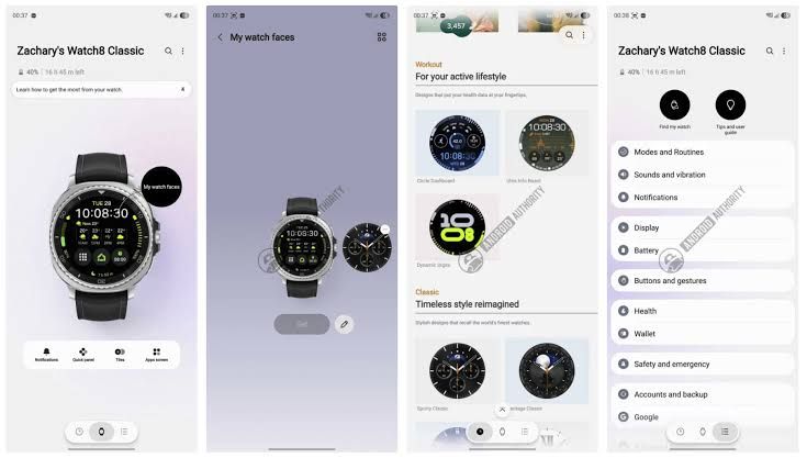 Screenshots showing the new three-tab layout and updated interface of the Samsung Galaxy Wearable mobile application.