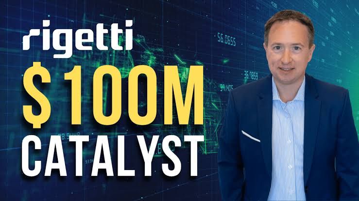 A stylized graphic showing the Rigetti Computing logo overlaid on a background featuring a technical stock chart.