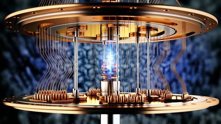 A stylized digital rendering of a quantum processor chip with glowing connections, highlighting modern computing research.