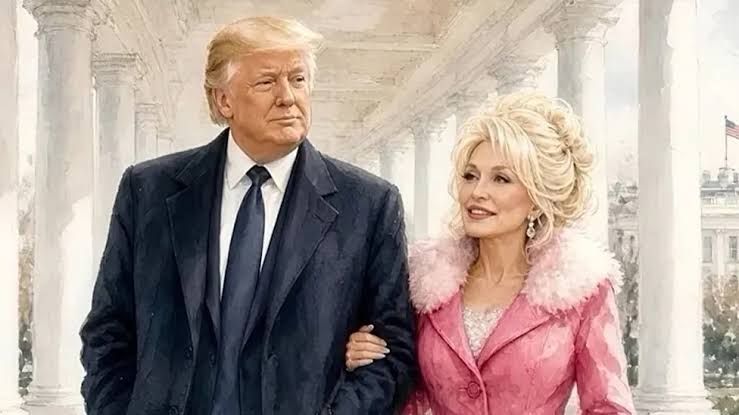 Digital illustration of Donald Trump and Dolly Parton walking together near the White House.