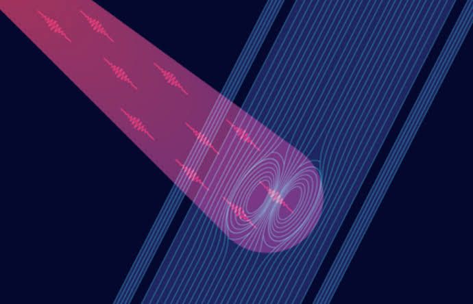 Illustration showing photons hitting a superconducting wire to generate an electric pulse for sensitive detection.
