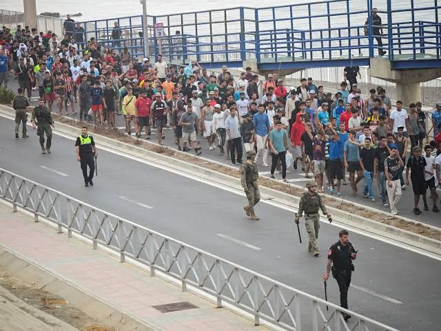 A high-security border fence separating the Spanish city of Melilla from Moroccan territory.