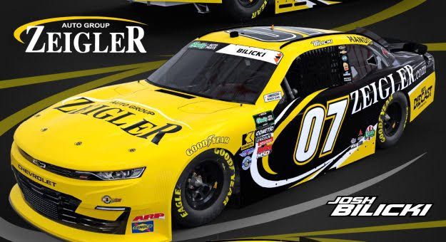 The No. 07 Chevrolet Camaro race car driven by Josh Bilicki featuring Zeigler Auto Group branding.