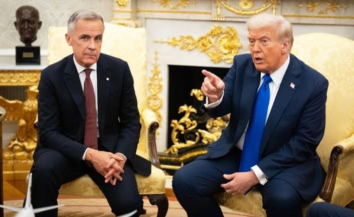 President Donald Trump and Canadian PM Mark Carney meet in the Oval Office to discuss trade.