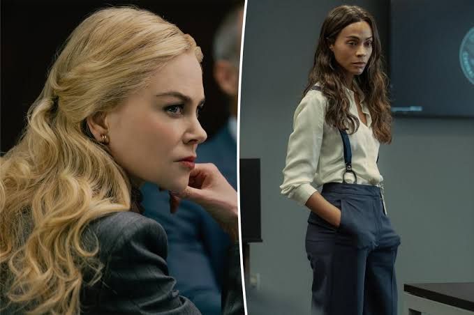 Zoe Saldaña and Nicole Kidman standing together in a scene from the show Lioness.