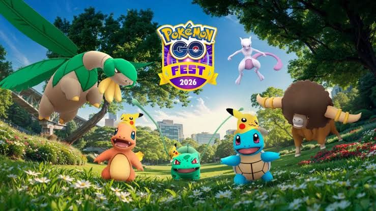 Colorful promotional art for Pokemon Go Fest 2026 featuring various creatures and festival branding.