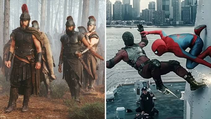 Tom Holland starring in The Odyssey and Spider-Man: Brand New Day promotional images side by side.