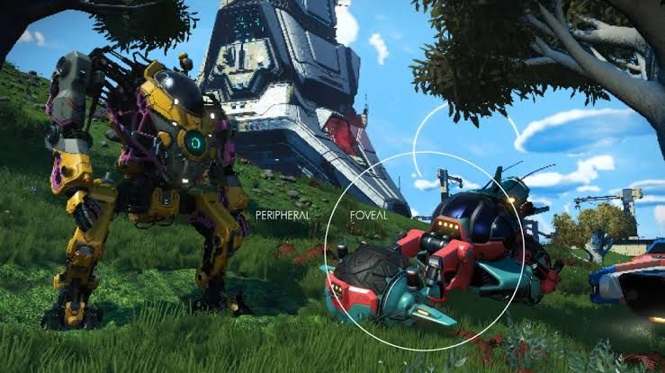 A screenshot from No Man's Sky showing a vibrant space landscape with foveated rendering active in a VR headset environment.