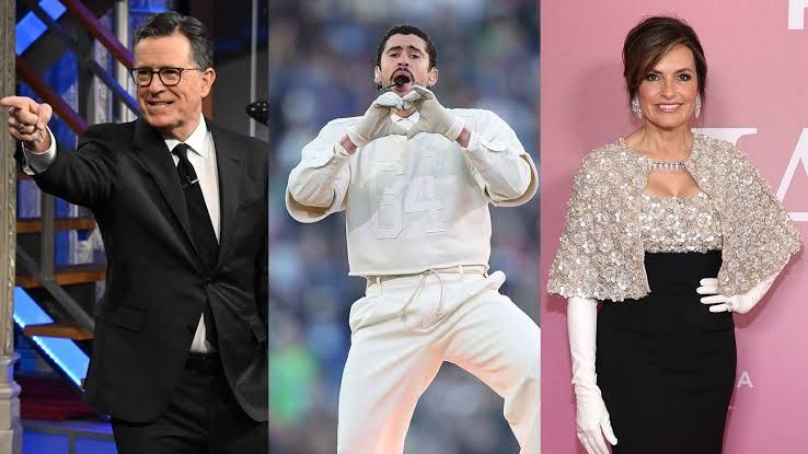 Stephen Colbert, Bad Bunny, and Mariska Hargitay pose with their 2026 Creative Arts Emmy awards in Los Angeles.