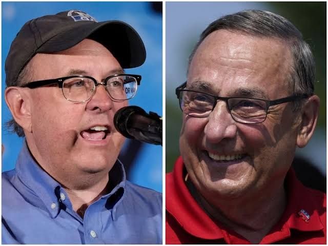 Matt Dunlap and Paul LePage standing side by side as they campaign for the Maine 2nd Congressional District seat.