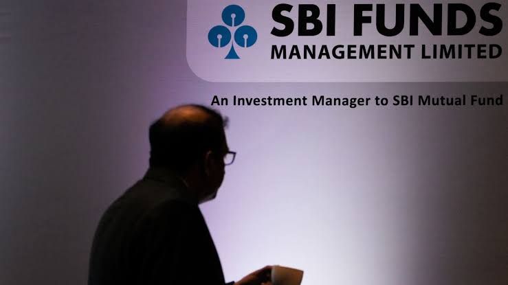 Signage for SBI Funds Management Ltd. displayed at a news conference in Mumbai, India.