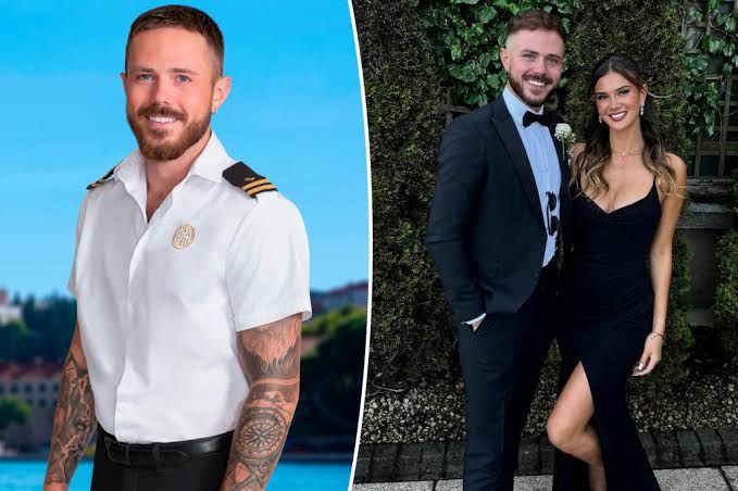Nathan Gallagher posing in his Bravo reality show uniform on a yacht.