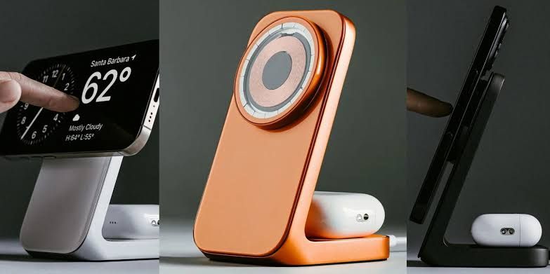 Nomad 2-in-1 25W Qi2 Stand One MagSafe charging station in Cosmic Orange sitting on a desk.