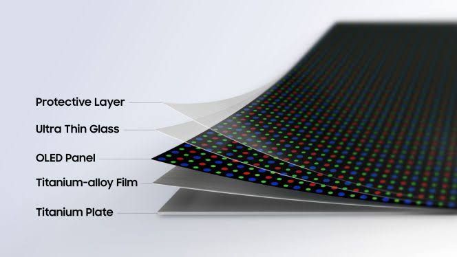 Samsung Galaxy Z TriFold prototype display showcasing thin titanium components under bright lighting.