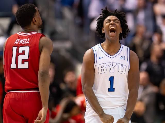 BYU guard Robert Wright III shouting after a play against Texas Tech in the Marriott Center.