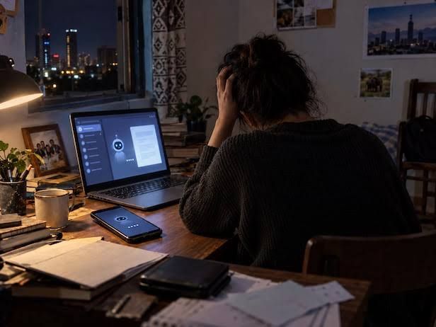 A digital graphic showing a person working on a laptop while an AI interface replaces lines of text.