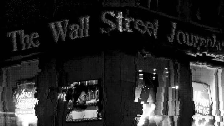 The exterior of The Wall Street Journal office building with a digital glitch effect overlay.