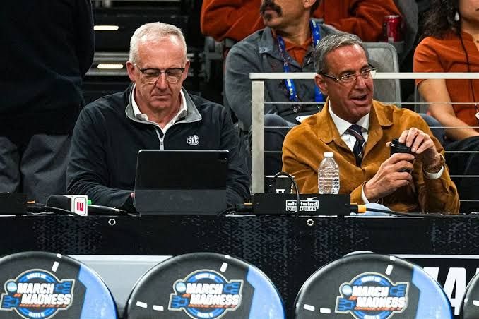 Chris Del Conte and Greg Sankey during an SEC athletic directors meeting regarding conference expansion.