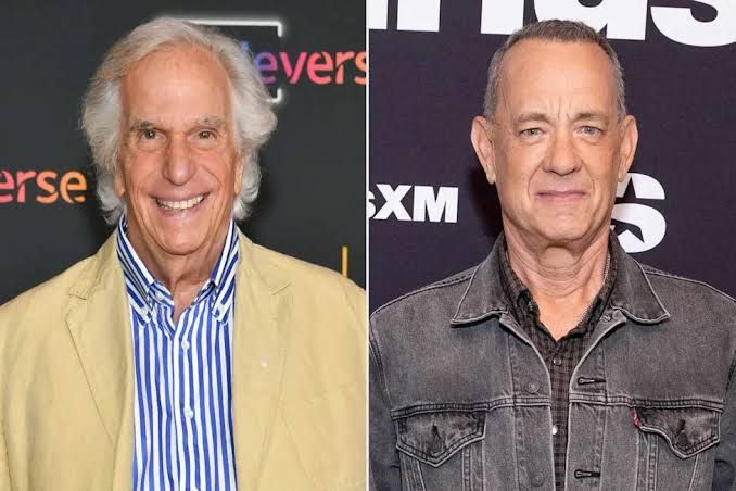 Henry Winkler and Tom Hanks appearing together in a scene from the television series Happy Days.