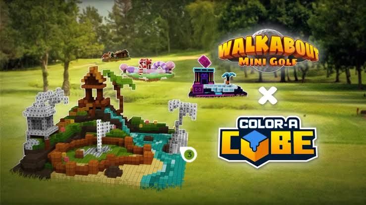 A side-by-side comparison showing a Walkabout Mini Golf course and its converted 3D voxel coloring model in Color-A-Cube.