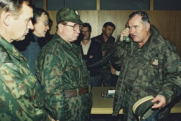 Former Bosnian Serb commander Ratko Mladic in a courtroom in The Hague during his war crimes trial.