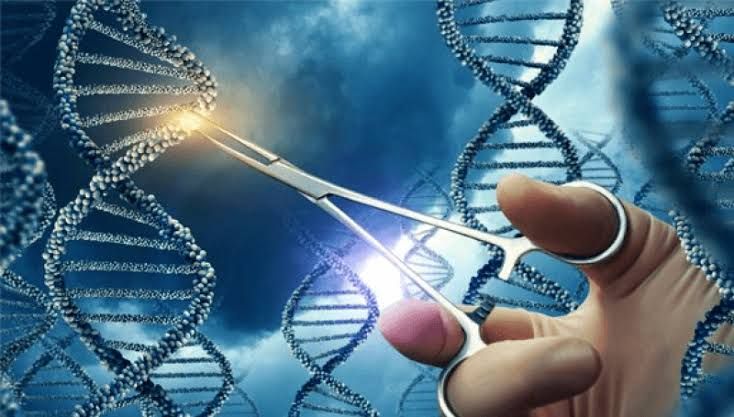 A stylized digital illustration of a DNA double helix strand being manipulated by medical tools.