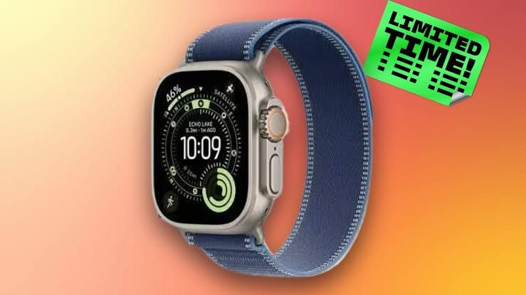 Apple Watch Ultra 3 with a blue trail loop band displayed on a clean CNET product background.