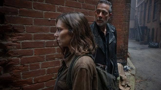 Lauren Cohan and Jeffrey Dean Morgan filming a scene for The Walking Dead in a Worcester alleyway.