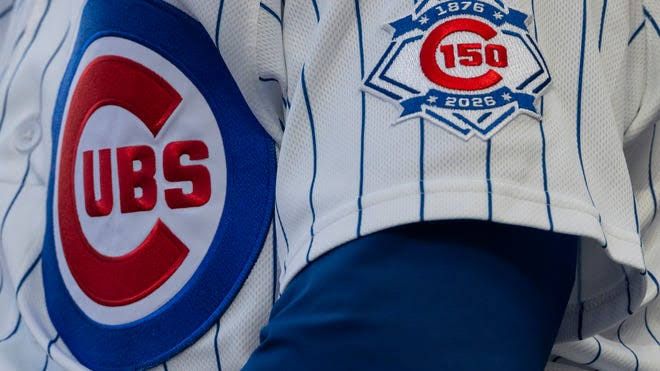 Chicago Cubs 150th anniversary patch logo on a player jersey prior to a game at Wrigley Field.
