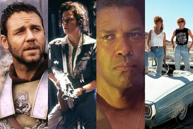 Collage of scenes from Ridley Scott films including Gladiator, Alien, and Thelma & Louise featuring the lead actors.