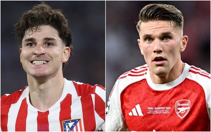 Julian Alvarez and Viktor Gyokeres in side-by-side action shots during their respective football matches.