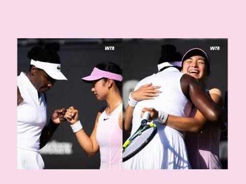 Alex Eala and Venus Williams walking together on a professional tennis court in athletic gear.