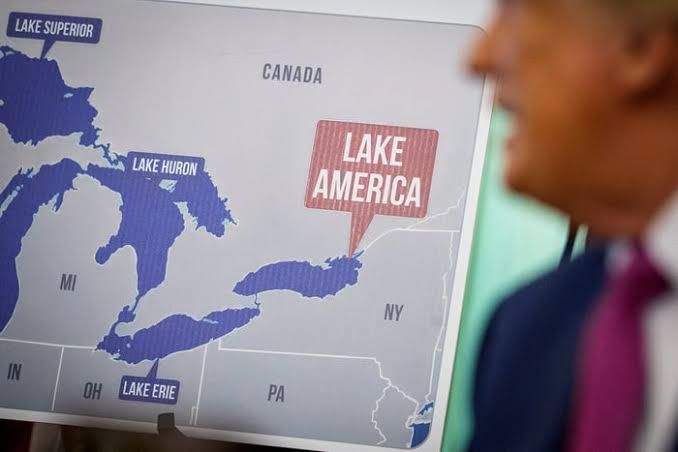 A map labeling Lake Ontario as Lake America displayed alongside US President Trump at the White House.