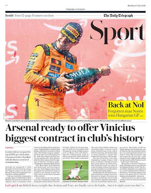 The back page of The Times newspaper on 27 July 2026 reporting on football transfer rumors.
