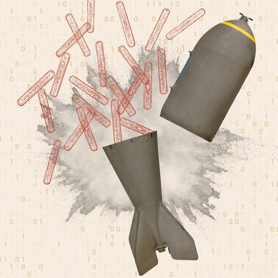 Digital illustration of a bomb integrated with computer code and a DNA double helix background.