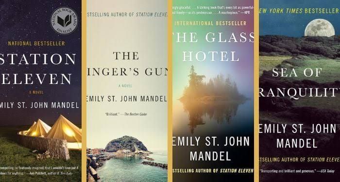 Cover art for Emily St. John Mandel books including Station Eleven and The Glass Hotel displayed on a wooden surface.