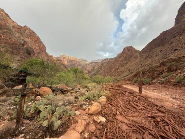 Remnants of stone bridge pylons remain along Bright Angel Creek in the Grand Canyon following a destructive flash flood.