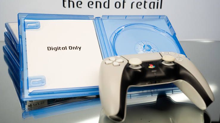 PlayStation 5 controller next to retail game cases as Sony announces the end of physical discs.