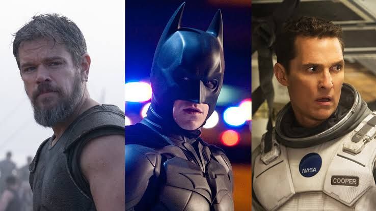 Split screen showing scenes from The Odyssey, The Dark Knight Rises, and Interstellar.