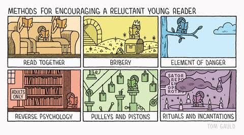Cartoonist Tom Gauld sitting at his desk sketching a new panel about young readers in a library setting.