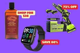 A selection of discounted household items including a digital smartwatch, a mini chainsaw, and a portable vacuum cleaner.