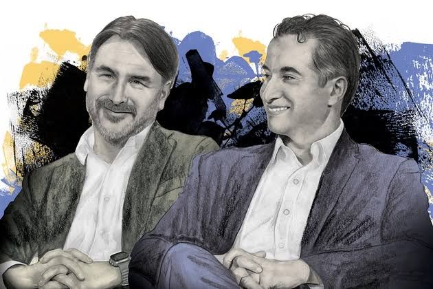 Illustrations of political strategists Zac Moffatt and Josh Vlasto who manage an AI-focused super PAC.