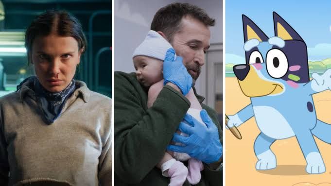 Stranger Things, The Pitt, and Bluey show posters representing the top three most-streamed programs of H1 2026.